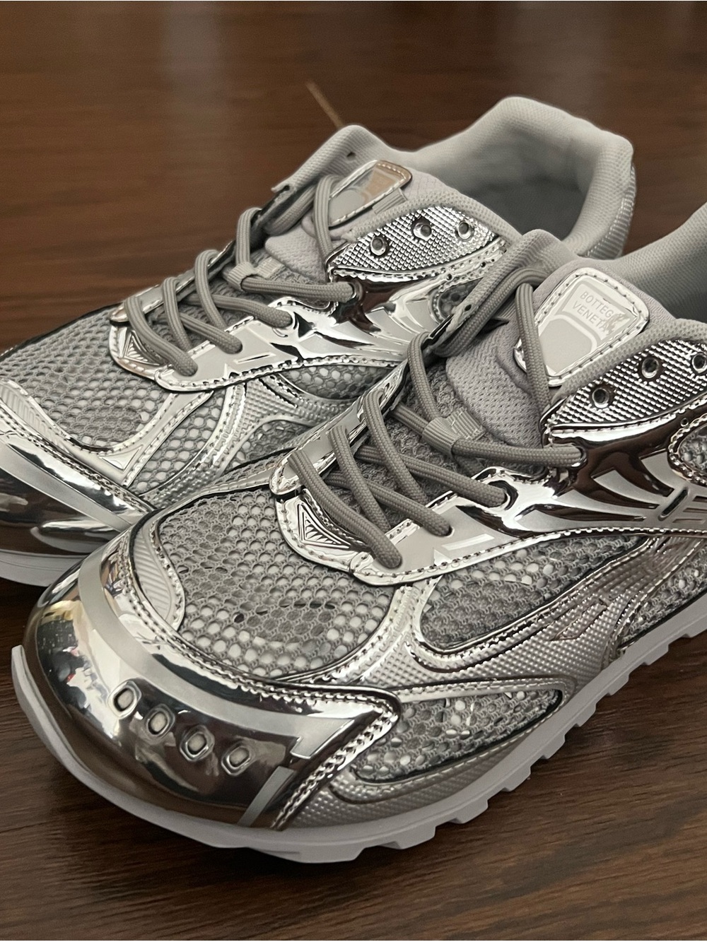 Bottega Veneta Silver Metallic Mesh Runner Sneakers No Box